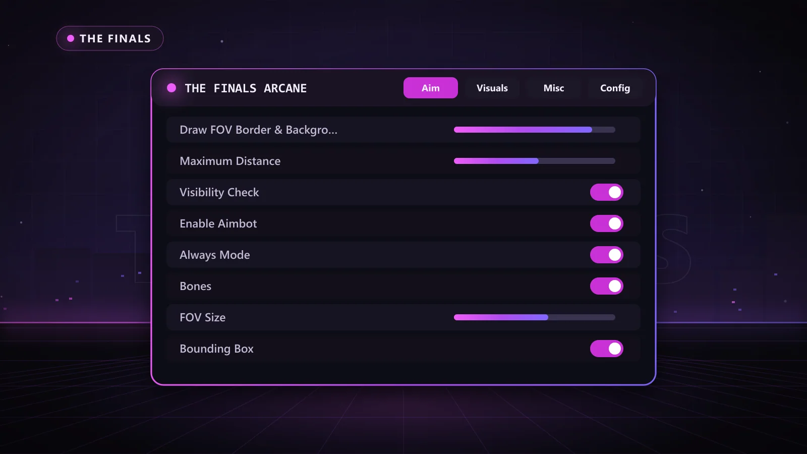 The Finals Arcane for The Finals: menu with Enable Aimbot, Always Mode, Visibility Check