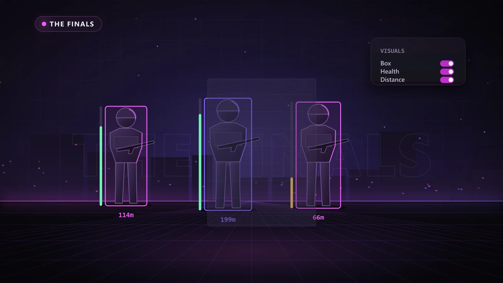 Illustration of ESP boxes, health bars and distance tags on enemy players in The Finals