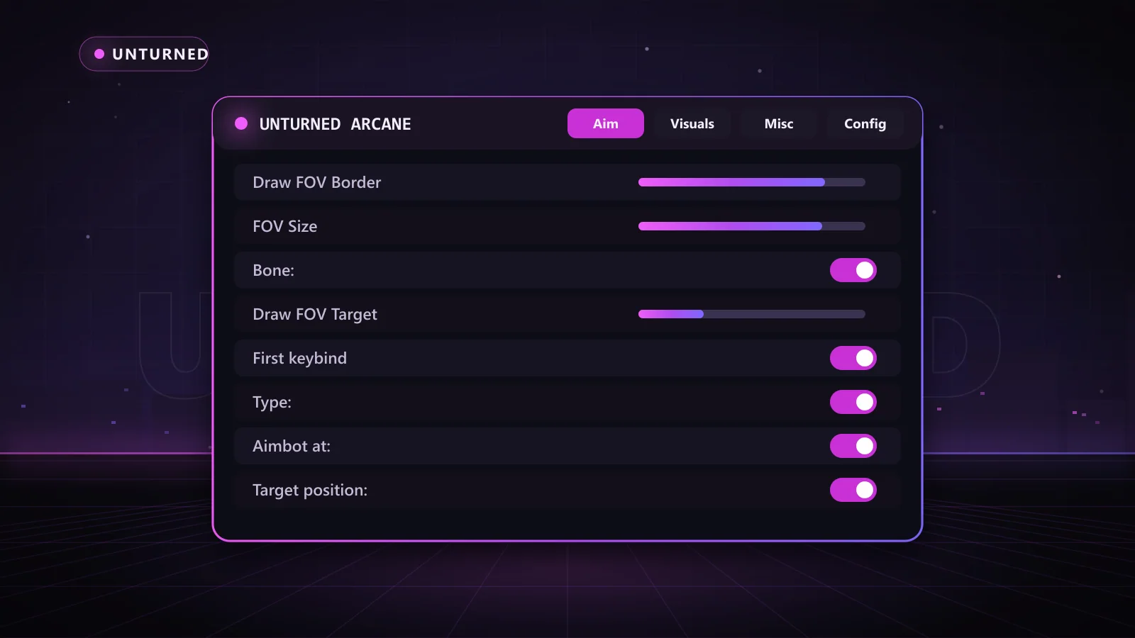 Unturned Arcane for Unturned: menu with Enable, Type:, Aimbot at: