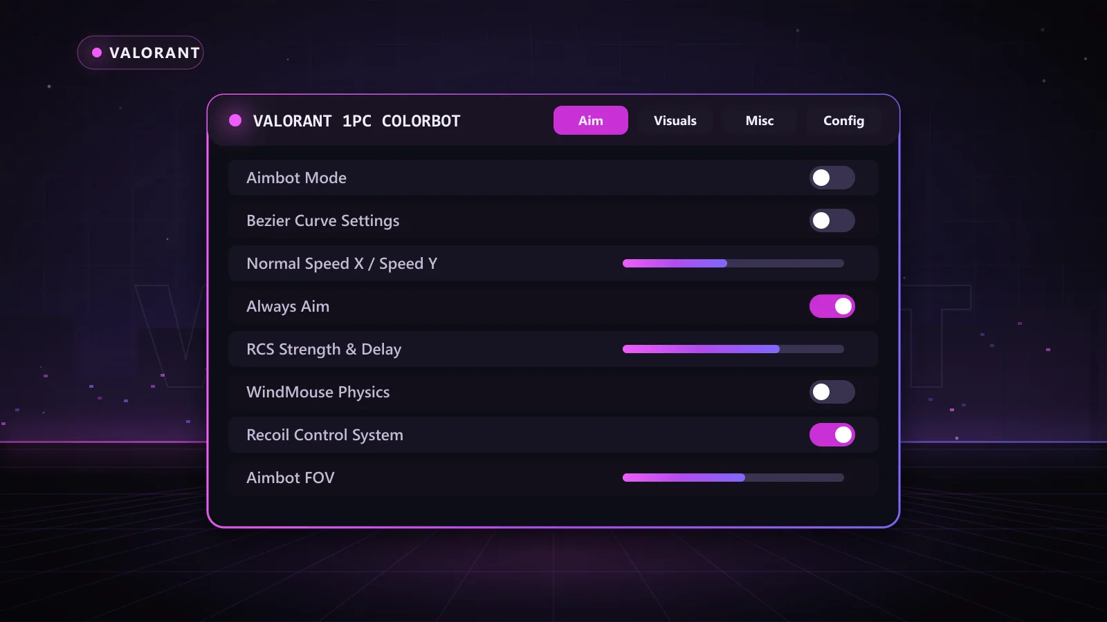 Valorant 1PC Colorbot for Valorant: menu with Aimbot Mode, Aimbot FOV, Two Aimbot Configurations