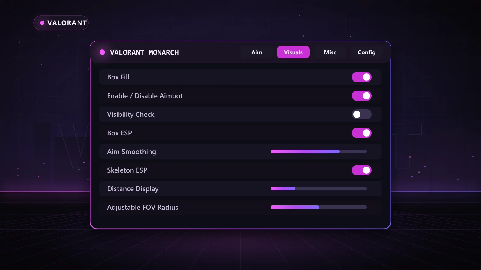 Valorant Monarch for Valorant: menu with Enable / Disable Aimbot, Mouse & Memory Aimbot, Adjustable FOV Radius