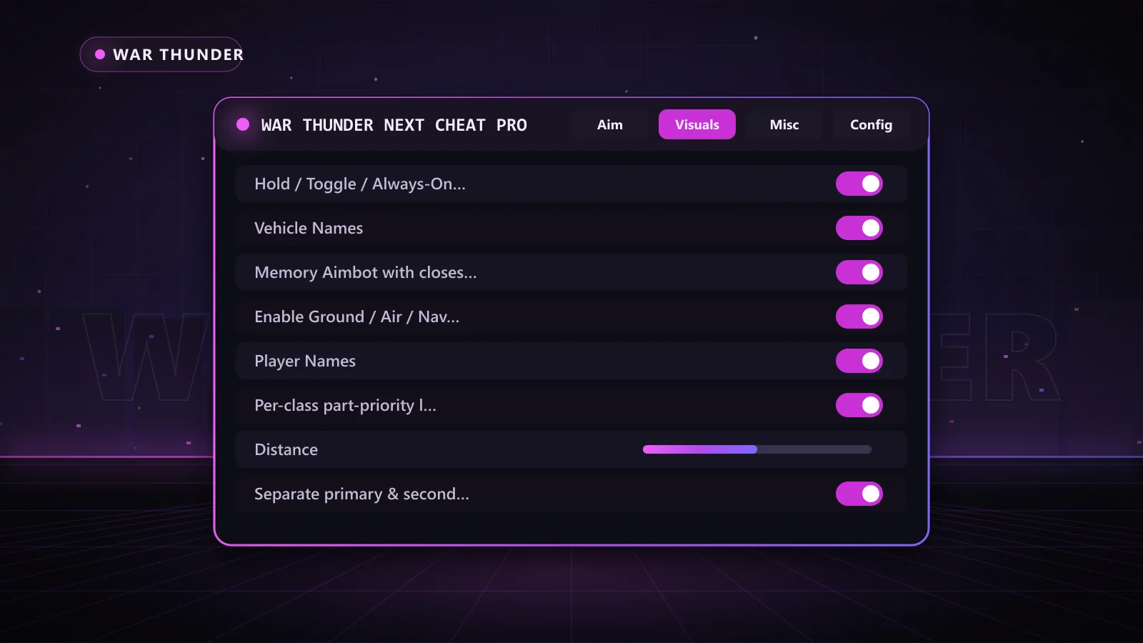 War Thunder Next Cheat Pro for War Thunder: menu with Memory Aimbot with closest-to-crosshair or closest-player targeting modes, Target Lock, Separate primary & secondary weapon modes