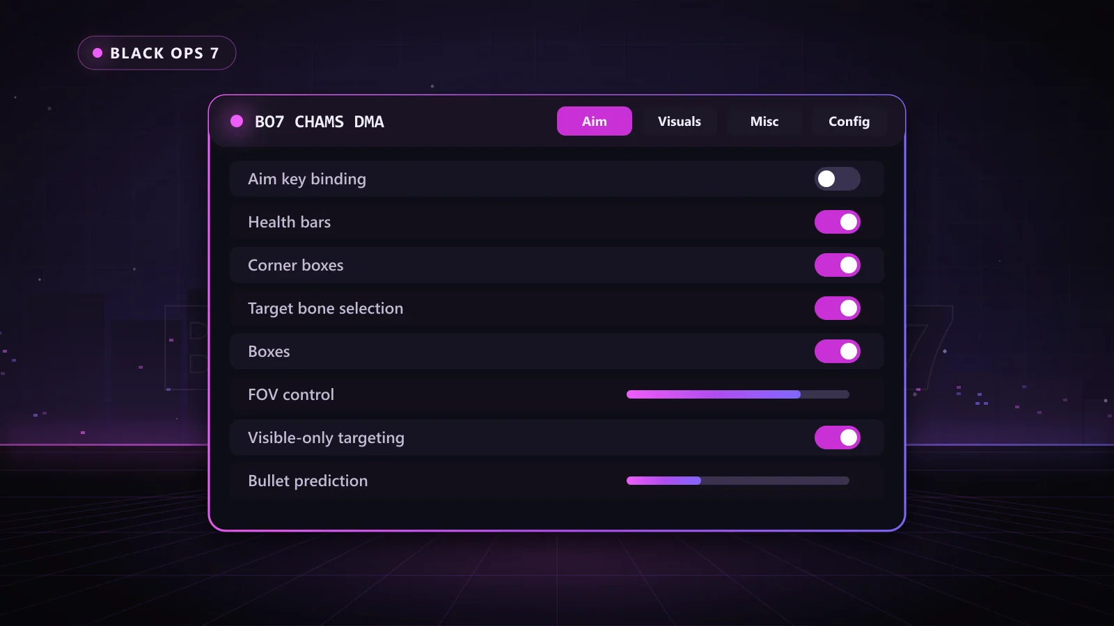 BO7 Chams DMA for Black Ops 7: menu with FOV control, Smooth aiming, Aim key binding