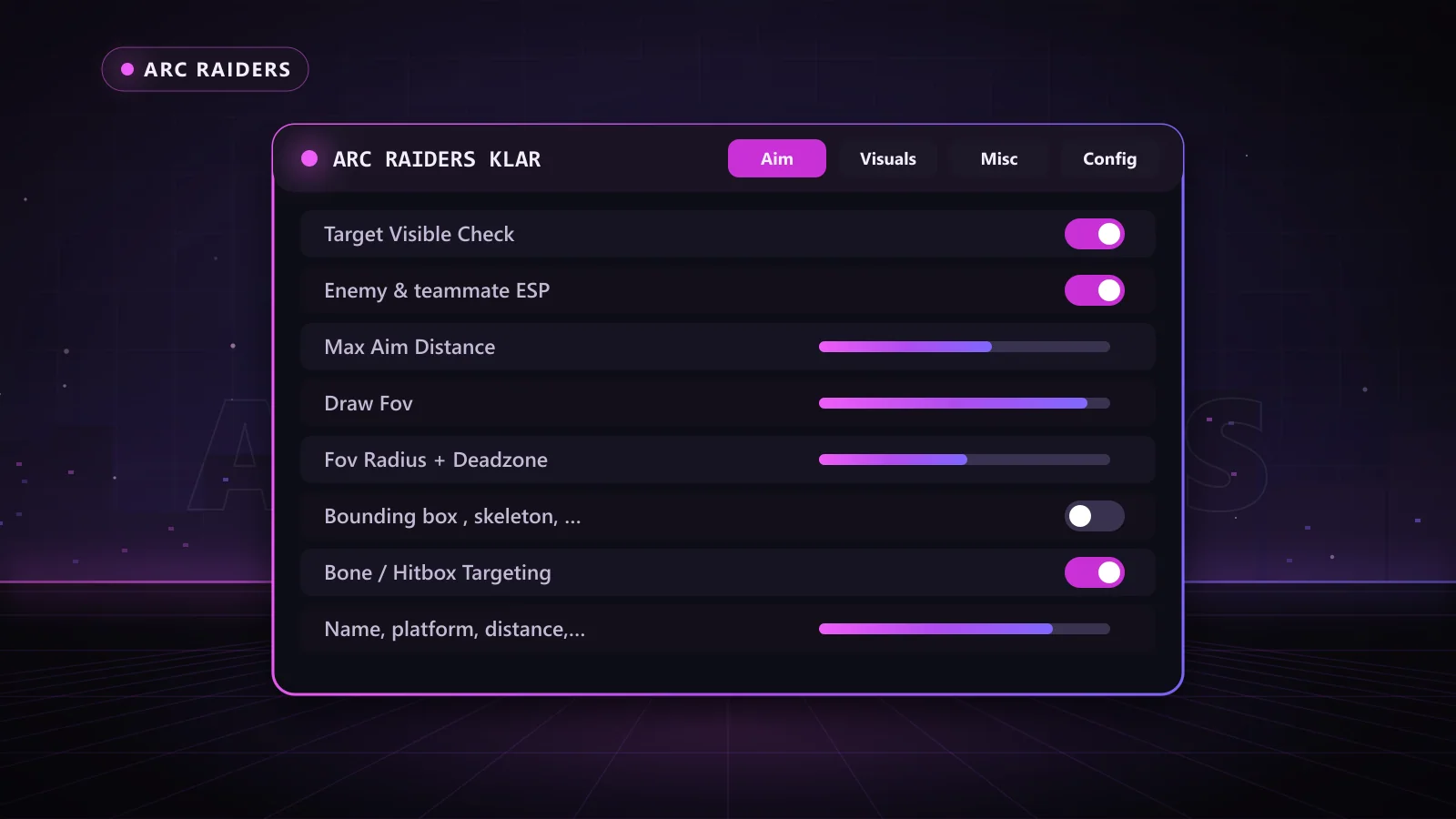 ARC Raiders Klar for ARC Raiders: menu with Enable, Aim Key, Draw Fov