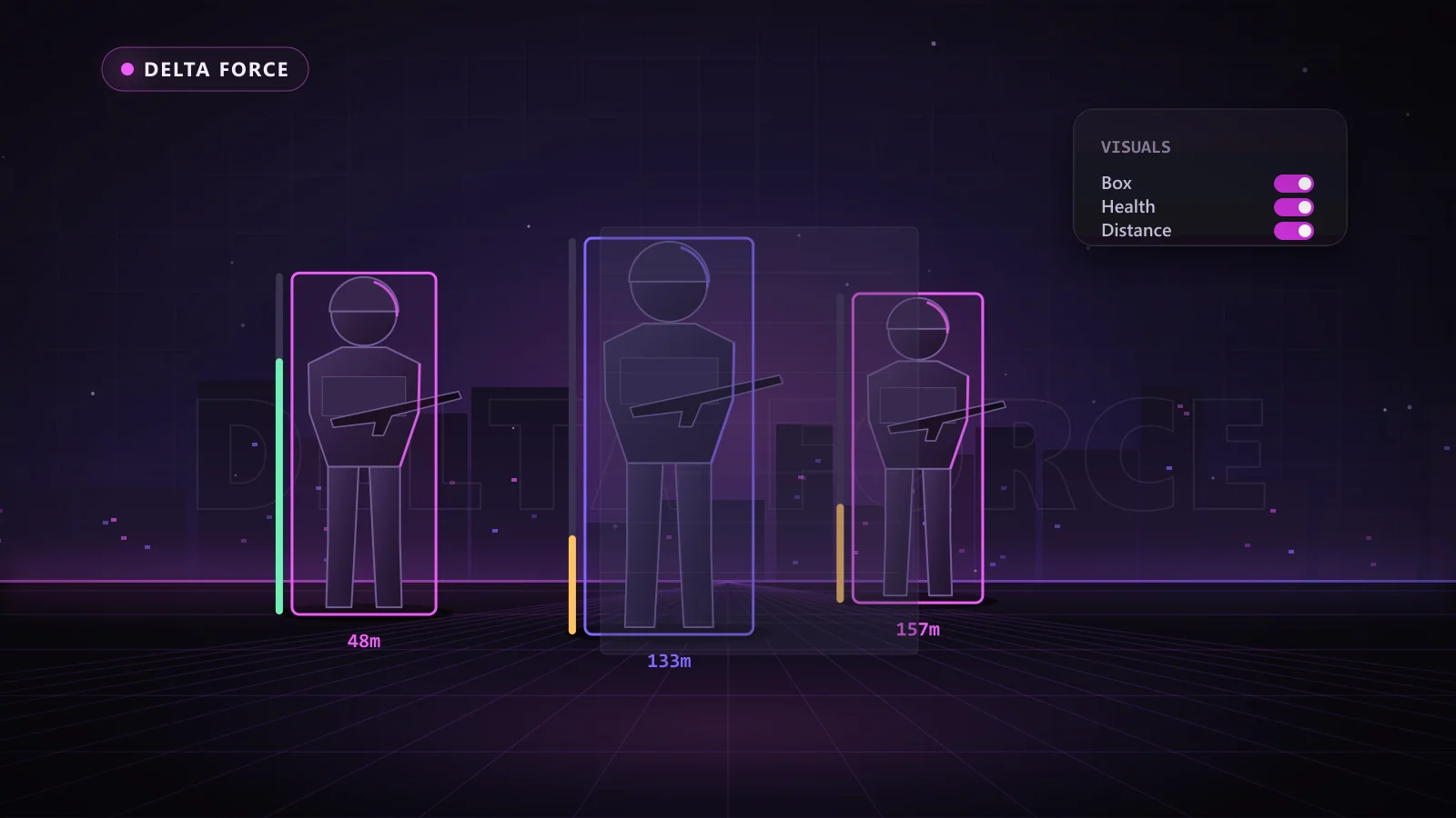 Illustration of ESP boxes, health bars and distance tags on enemy players in Delta Force