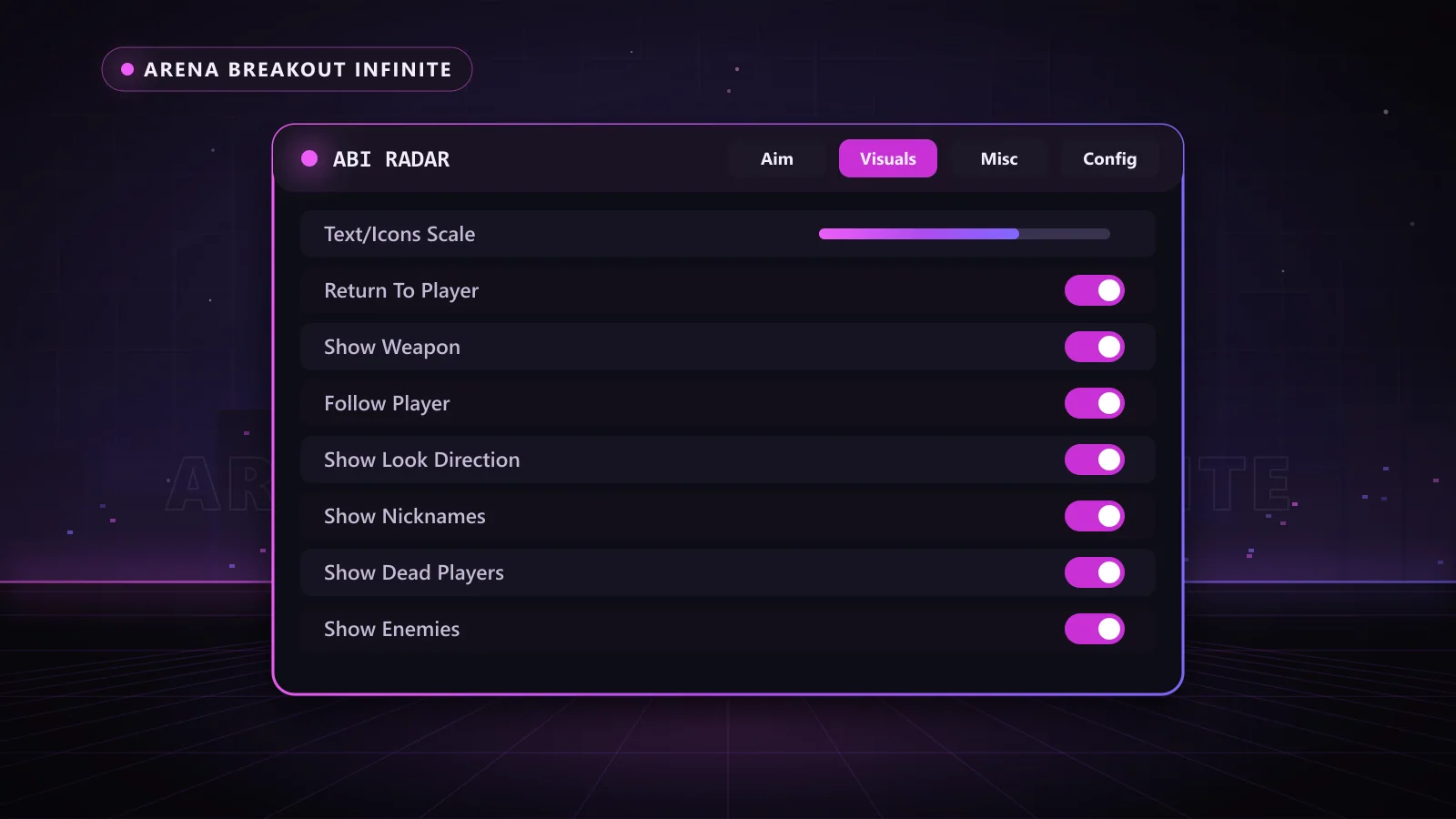ABI Radar for Arena Breakout Infinite: menu with Follow Player, Return To Player, Rotate Map