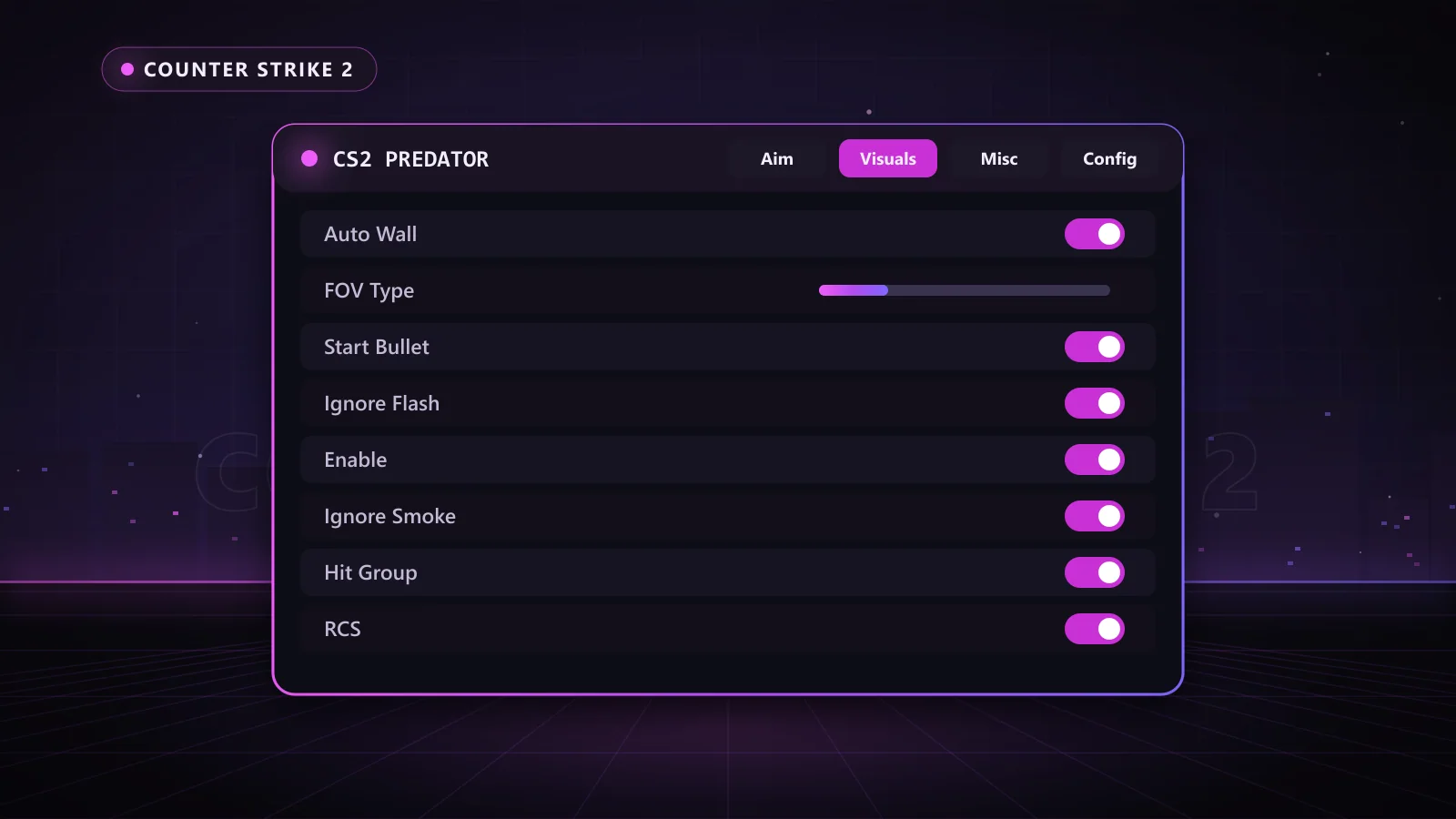 CS2 Predator for Counter Strike 2: menu with Enable, Hit Group, FOV Type