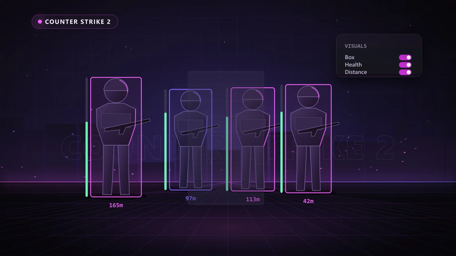 Illustration of ESP boxes, health bars and distance tags on enemy players in Counter Strike 2