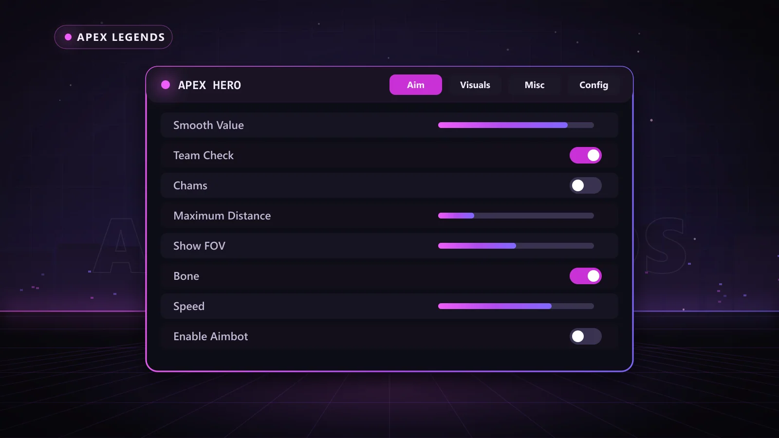 Apex Hero for Apex Legends: menu with Enable Aimbot, Smooth Value, Speed