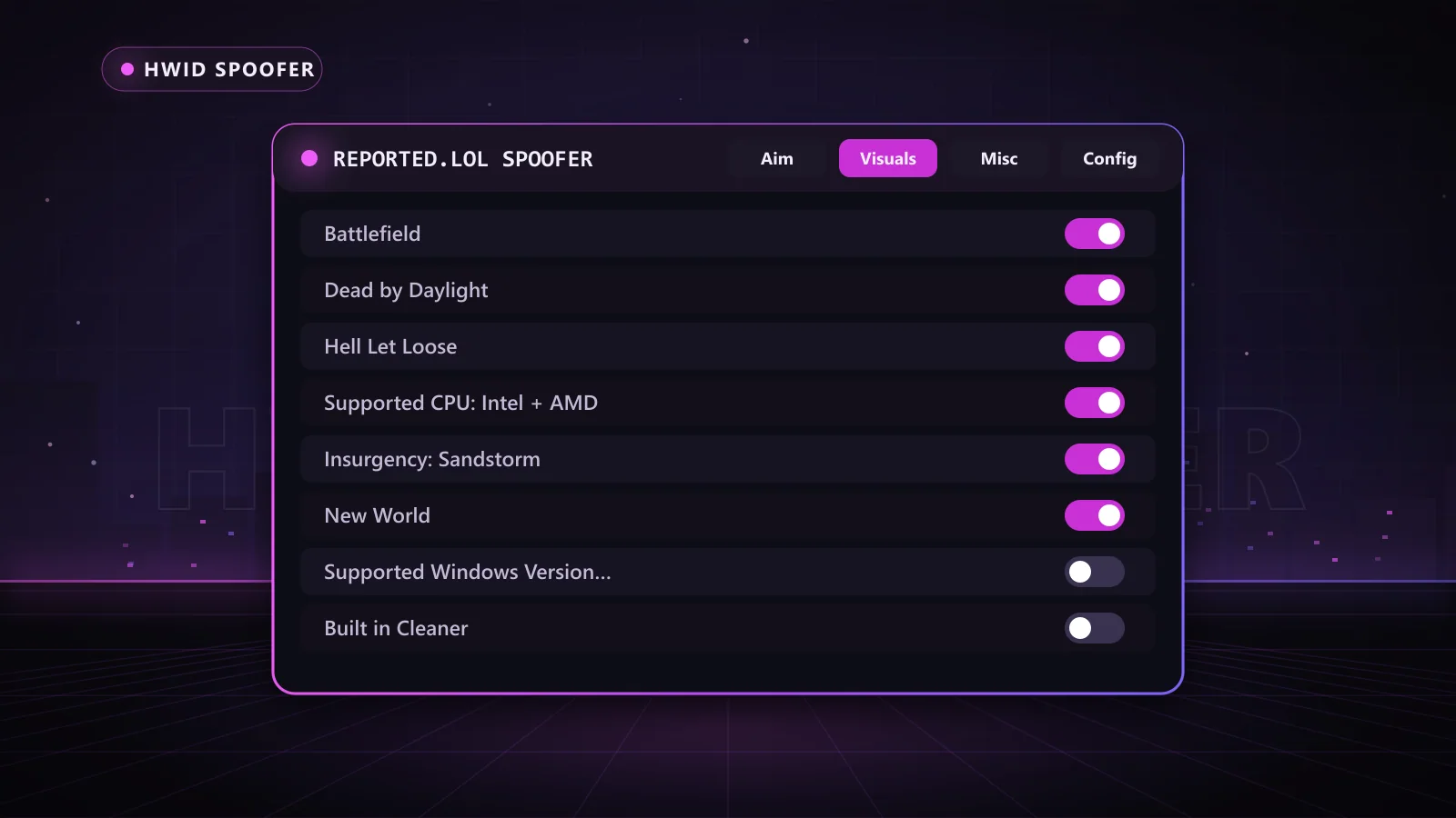 Reported.lol Spoofer for HWID Spoofer: menu with Supported CPU: Intel + AMD, Supported Windows Versions: 10 - 11, Built in Cleaner