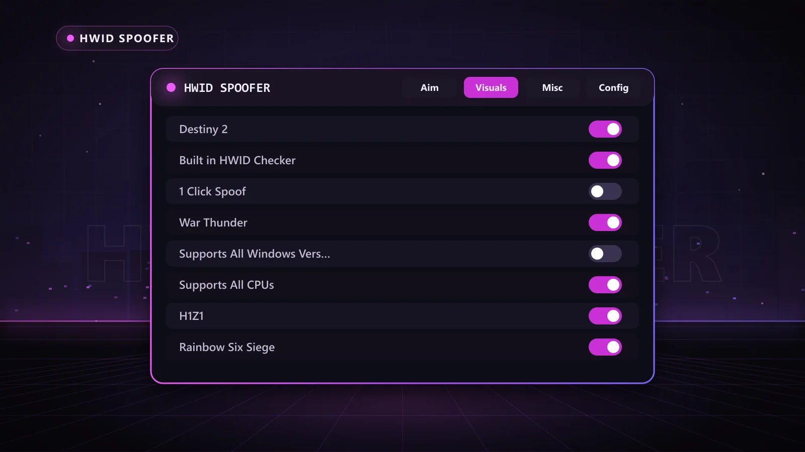 HWID Spoofer for HWID Spoofer: menu with Supports All Windows Versions, Supports All CPUs, 1 Click Spoof