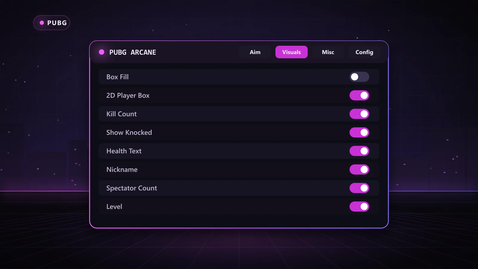 PUBG Arcane for PUBG: menu with 2D Player Box, Box Fill, Health Bar