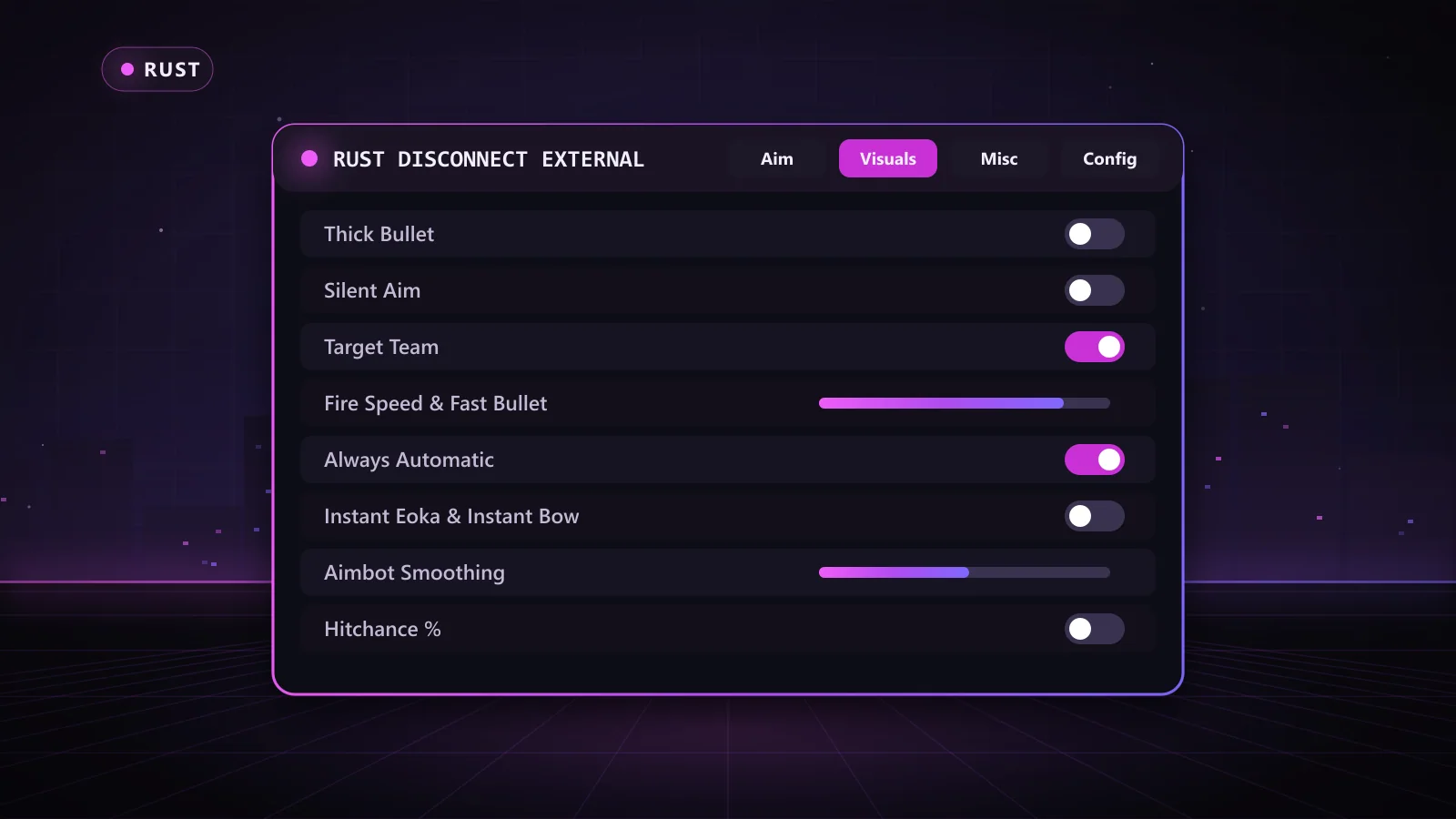 Rust Disconnect External for Rust: menu with Silent Aim, Aimbot Smoothing, Target Team