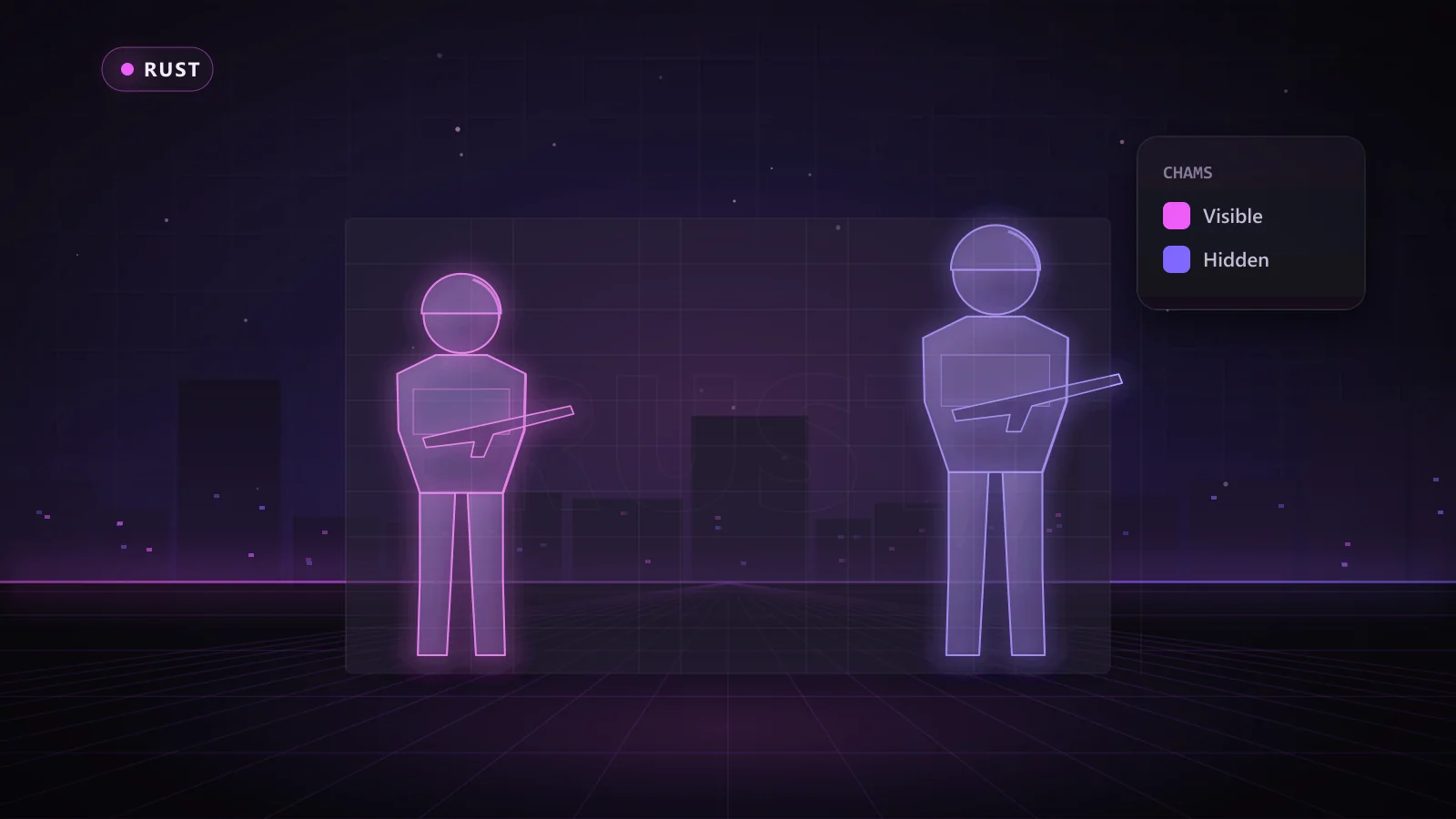 Illustration of ESP boxes, health bars and distance tags on enemy players in Rust