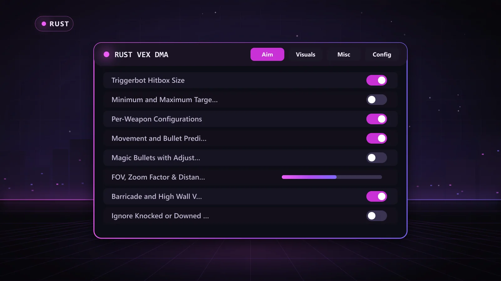 Rust Vex DMA for Rust: menu with No Memory Writing with Mouse Simulation, Per-Weapon Configurations, FOV, Zoom Factor & Distance Scaling