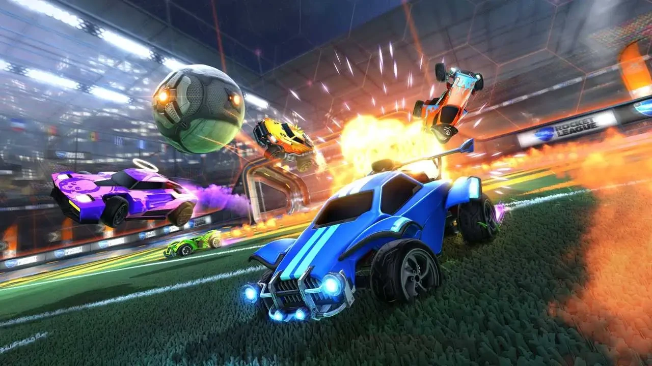 Rocket League match gameplay with cars ball boost aerials and rotations