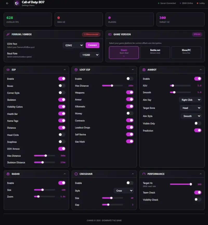 BO7 Chams DMA Menu Configuration