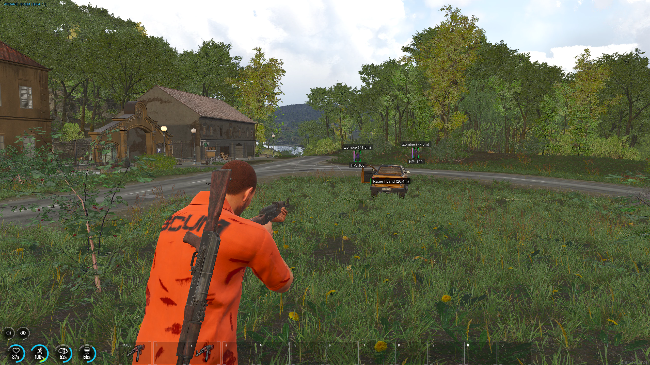 SCUM ESP overlay marking players and loot near an airfield hangar