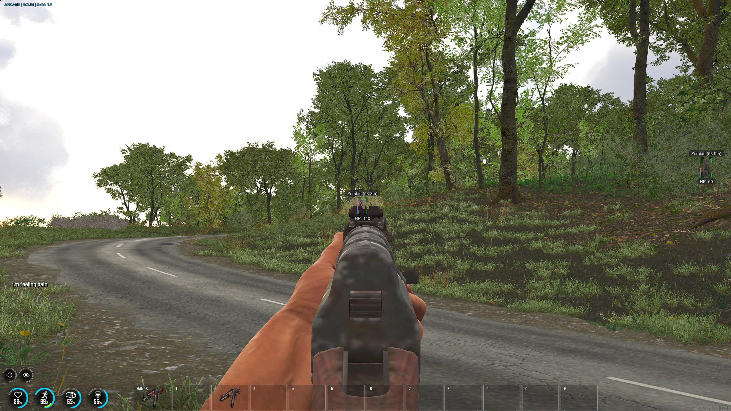 SCUM aimbot menu during a fight outside a bunker