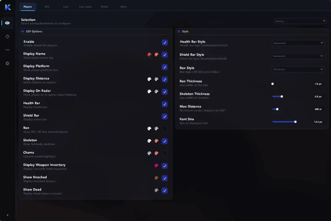 Arc Raiders Klar Player ESP Menu